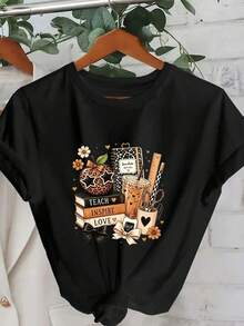Plus Size Women's Casual Leopard Print Apple Graphic Round Neck Short Sleeve T-Shirt Top For Spring/Summer/Autumn - Black - View 4