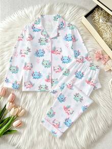 Cute Western Hexagon Dinosaur Print Element Children's Pajamas, Long Sleeve Cardigan Button + Long Pants 2 Pieces Set, Soft Comfortable Breathable - White - View 9