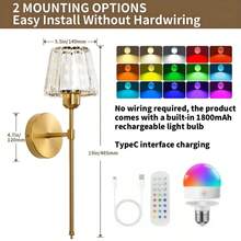 1/2pcs Rechargeable Wall Lamp With Remote Control (Includes Bulb), Crystal Lampshade, Bedside Lamp, Ceiling Light, String Light, Decorative Light, Bedroom, Living Room, Hallway, Bathroom, Kitchen And Closet Lighting Night Light (1800mAh) - Crystal Style - View 13