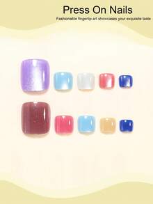 Renove seu visual geral! 24 peças de unhas postiças de bico quadrado, estilo doce e fresco, cores roxo e marrom em blocos de cores, design brilhante de olho de gato, padrão de cristal azul minimalista elegante e colorido, inclui uma peça de cola de gelatina e uma lixa de unha (cola de gelatina enviada aleatoriamente), adequado para mulheres e meninas, para encontros diários, férias e outras ocasiões - Multicolorido - Visão 3