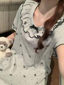 1pc Women's Nightgown, Spring/Summer Pullover Bow Print Fashion Short Sleeve Sleep Dress, Comfortable For Home Wear - Grey - View 5