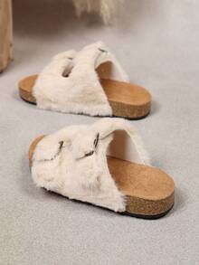 Parent-Child Plush Buckle Slippers, Mother-Son Mother-Daughter Matching Style, Autumn/Winter Soft Cork Sole Indoor/Outdoor Warm Fuzzy Slippers - Beige - View 6