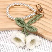 Cute Pearl Chain Crochet Lily Of The Valley Flower Keychain Pendant, Bohemian Style Creative Keychain - Multicolor - View 7
