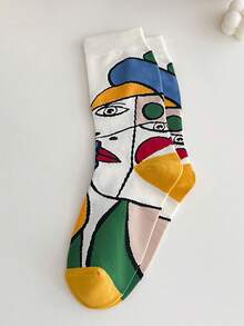 1/4 Pair European & American Women's Portrait Painting Abstract Mid-Calf Cotton Socks, Breathable & Sweat-Absorbent Long Socks - Multicolor - View 10