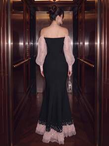 New Elegant One-Shoulder Ruffle Mermaid Long Sleeve Fitted Dress, Rhinestone Embellished, Fashion Birthday Party Gown - Black - View 5