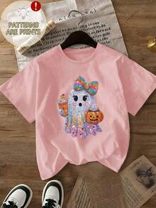 Plus Size Women's Daily Ghost Pumpkin Coffee Print Round Neck Short Sleeve Casual Spring/Fall/Summer Plus-Size T-Shirt Top Going Out Tops Women - Pink - View 2