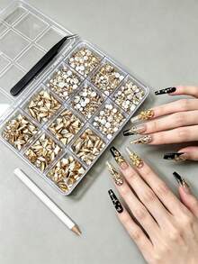 12-Grid/Box Nail Art Rhinestone Set, Includes Pickup Pen, Champagne Color Nail Decorations, Various Shapes For DIY, 3D Embellishments, Nail Supplies, Suitable For Daily Use And Nail Salons - Champagne - View 4