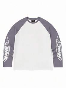 Grey & White Colorblock Raglan Sleeve Round Neck Handwritten Letter Long Sleeve T-Shirt Men's Minimalist Distressed Loose Fit Layering Base Long Tee - White - View 3