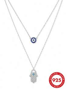S925 Sterling Silver Multi-Layer Evil Eye Necklace, Sparkling Cubic Zirconia Hamsa Hand Pendant With Multi-Strand Chain, Women's Protective Jewelry Gift - Silver - View 3