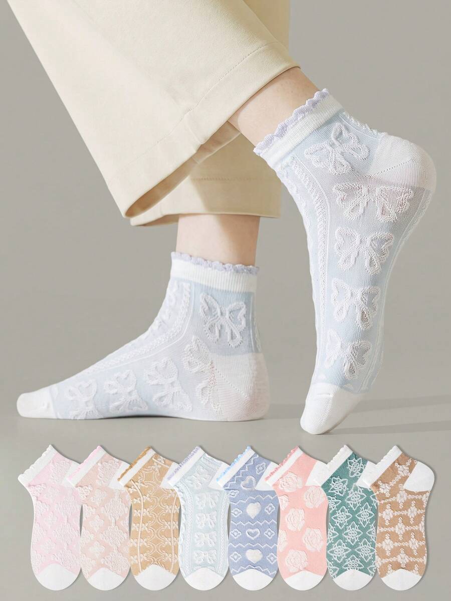 ZUJO 5 Pairs Women's Lace Ruffle Short Socks, Floral, Cable Knit And Bowknot Patterns, Simple And Comfortable, Suitable For All Seasons, French Country Style, Random Color - Multicolor - View 1