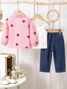 Baby Girl Pink Striped Strawberry Print 3-Piece Set, Solid Color Camisole + Collared Puff Sleeve Blouse + Elastic Waist Soft Straight Leg Denim Jeans - Pink - View 2
