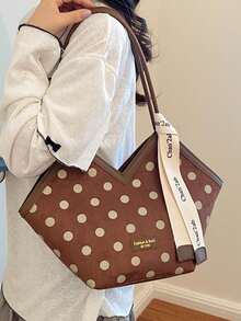 Bolso de tela con estampado de lunares y textura, con correa de cinta y decoración de letras, estilo vintage casual, adecuado para el uso diario, compras, viajes, atuendo enérgico y de moda, bolso tipo abanico en forma de V - Marrón - Ver 7