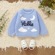 Infant Knitted Embroidered Crew Neck Pullover Sweater, Unisex Baby Comfortable Soft Versatile Outdoor Wear Knit Cardigan Long Sleeve Top - Blue - View 9