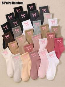 5/10/20 Pairs Random Bow Crew Socks For Girls Sweet Solid Color Mid‑Calf Socks Casual Daily Fall Socks Back To School Halloween Party Gift - Multicolor - View 13