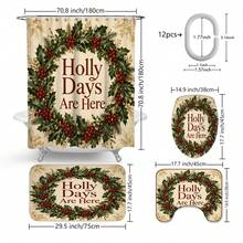 1pc/4pcs Christmas Vintage Holly Wreath Multi-Functional Bathroom Decor Shower Curtain Set, Free 12 Hooks, Premium Holiday Atmosphere, Bathroom Mat, U-Shaped Rug And Round Toilet Lid Cover, Suitable For All Christmas Scenes Decoration - Holly Wreath - View 3