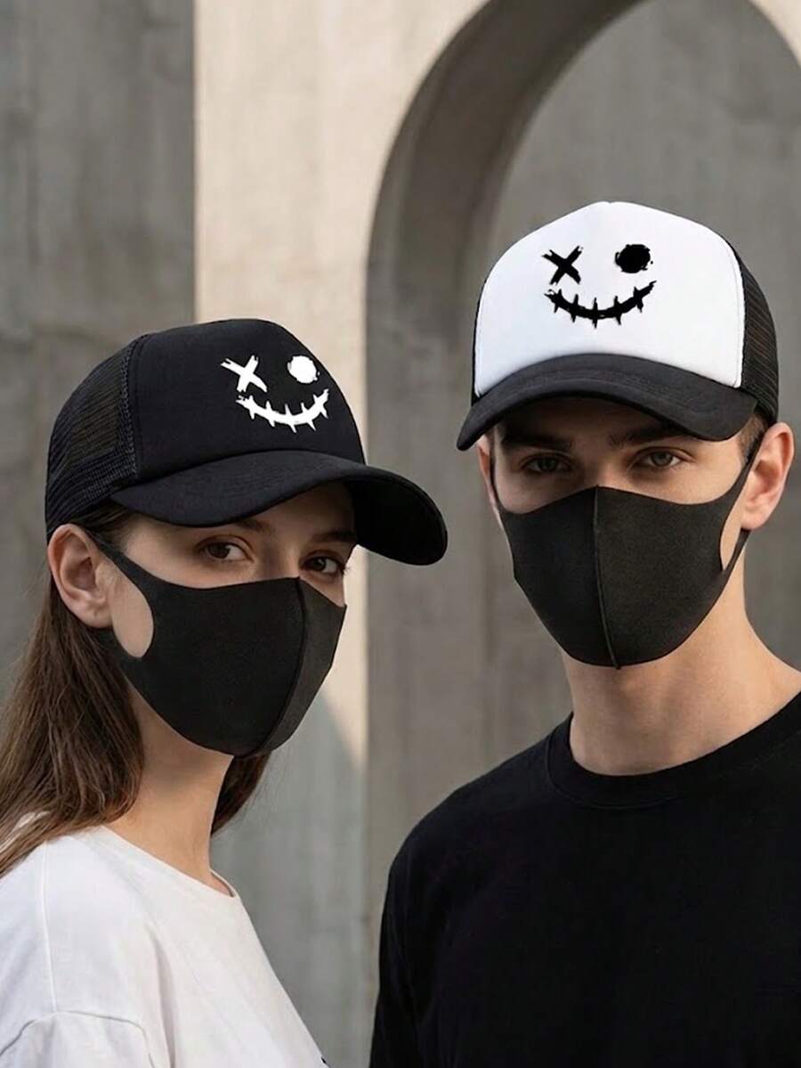 Y2K Dark Style Graffiti Smiling Face Mesh Cap, Casual Versatile Sun Hat, Unisex Baseball Cap - Multicolor - View 1