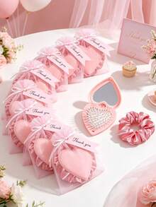 8/4/1 Set - Gender Reveal Party Favors, Pink Heart-Shaped Portable Folding Mirror Comb With Organza Bag And Thank You Card Gift Set - DIY Fillable Gift Bag, Cute Pink Heart Folding Mirror Comb, Scalp Massage Gift Packaging Bag Thank You Gift - Suitable As Baby Shower Party Favors, Baby Shower Gifts, Gender Reveal Party Theme, Children's Birthday Gifts, Guest Favors, Ideal Choice For Party Supplies And Decorations - Multicolor - View 4