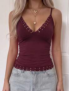 Y2K Style Solid Color Deep V-Neck Camisole Top With Sexy Hollow Lace Detail, Suitable For Summer Beach Vacation, Music Festival And Concert Casual - Burgundy - View 5