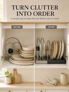 1 Set Expandable Pot And Pan Organizer With 7 Adjustable Dividers, Rustproof Stainless Steel Cookware Rack With Non-Slip Silicone Pads For Pot Lids, Frying Pans, Baking Sheets, Trays And Cutting Boards, Kitchen Cabinet And Countertop Storage - Black - View 3