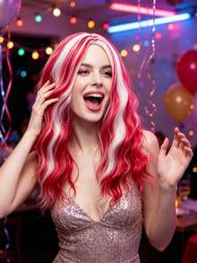 Bright Red White Streak Loose Wave Wig Synthetic Fiber For Girls Music Festival Rave Halloween Cosplay Vibrant Party - View 2