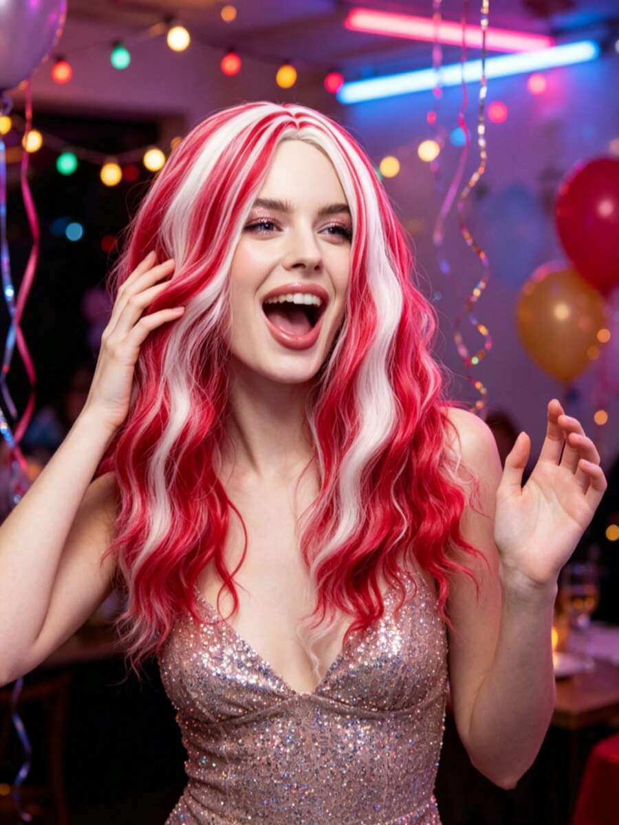 Bright Red White Streak Loose Wave Wig Synthetic Fiber For Girls Music Festival Rave Halloween Cosplay Vibrant Party