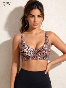 1pc Women's Leopard Print Seamless Comfortable Backless Camisole Bra For Home And Casual Wear - Watermelon Pink - View 2