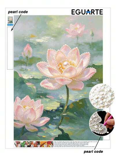 1 Set Of DIY Handmade Pearl Paintings, Pearl Lotus Lotus Leaf Decorative Paintings, Patterns, Creative Decorative Paintings, With Self-Adhesive Pearls And Diamonds, DIY Handmade Inlaid Pearl Paintings, Suitable For Home Decoration, Frameless