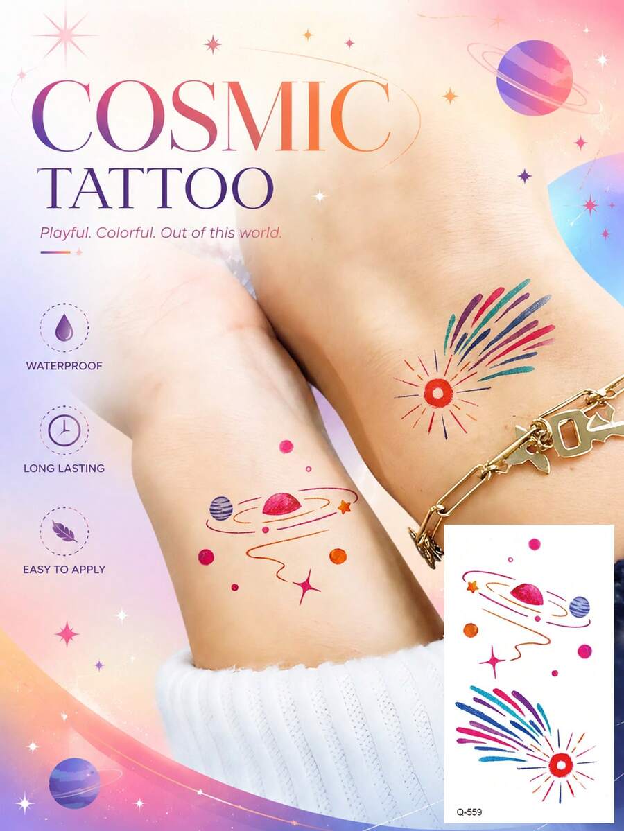 وشم مؤقت ملون بتصميم كوكبي فضائي، تصميم مجرة فضائية لطيف مع كواكب ونجوم وعناصر مدارية، ملصق وشم مزيف مقاوم للماء وطويل الأمد للنساء والرجال، فن جسم سماوي ممتع للمهرجانات والحفلات - متعدد الألوان - مشاهدة 1