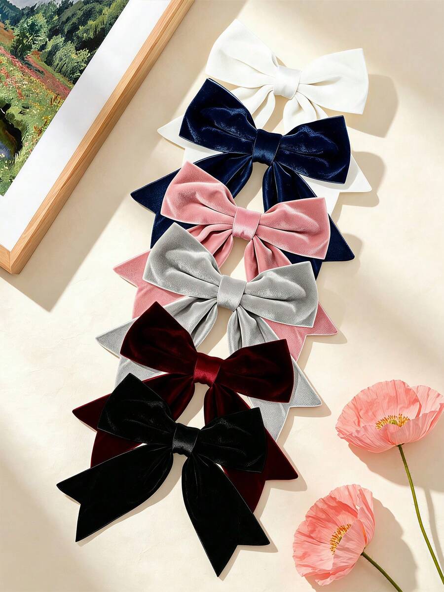 6PCS Solid Color Velvet Bow Hair Clips, Versatile Casual Hair Accessories, Suitable For Daily Wear And Outings, Perfect Gift Choice - Multicolor - View 1