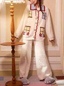 Gongdie 2 Pieces Christmas Flannel Pajamas For Women,Winter White Soft Thick Plush Loungewear With Pocket - Beige - View 6