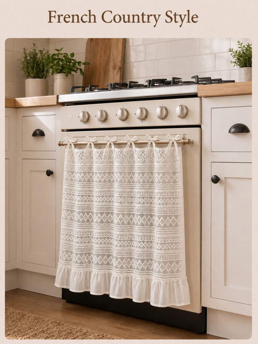 White Lace Kitchen Curtain, Tie-Up Ruffle Short Curtain, Bohemian Farmhouse Style Window Decor, Suitable For Kitchen Cabinets, Dishwasher Cover, Homestay And Rental Apartment Decoration - White - View 1