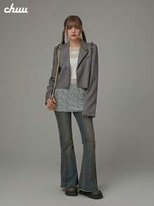 CHUU Letter Print Loose Fit Frill Trim Long Sleeve Casual Blazer Short Jacket For Women, Autumn - Grey - View 2