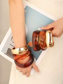 3pcs Set Elegant Minimalist Style Multi-Color Asymmetrical Resin Bracelet Set, Suitable For Personalized Outfit - Multicolor 2 - View 2