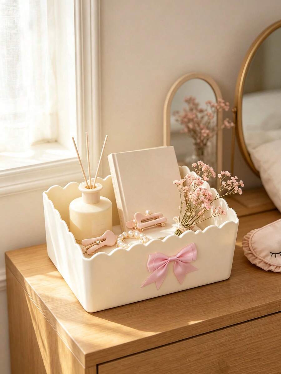 Cream Ribbon Bow Storage Box, Sweet Bow Cosmetic Storage Box, Stationery Organizer, Bedroom Storage Container, Student Desk Stationery Holder, Household Sundries Storage Basket, Office Desk Decor, Accessories Storage Box - Multicolor - View 1