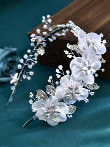 1pc Sparkling Alloy Leaf Flower Headband Exquisite Rhinestone Bead Bridal Headpiece Suitable For Wedding Holiday Party Women's Hair Accessories - Silver - View 4