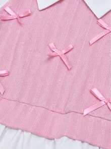 Infant Girl Pink Bow 2 In 1 Set, Lapel Petal Sleeve Patchwork Top With Ribbed Flared Long Pants, Sweet Princess Style Versatile Outfit For Spring And Autumn - Pink - View 6