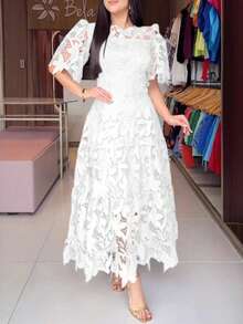 Vestido largo ajustado en cintura de encaje calado con cuello redondo para mujer - Blanco - Ver 6