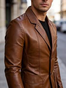 Men's Thin Brown PU Leather Blazer Notched Lapel Single Breasted Casual Lightweight Suit Jacket - Brown - View 12