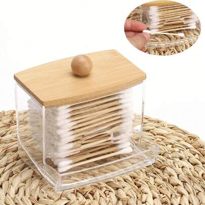 1pc Acrylic Cotton Swab Holder With Bamboo Lid, Transparent Small Cotton Swab Box, Plastic Ear Swab Holder, Toothpick Storage Box, Bathroom Countertop Decorative Storage Organizer, Storage Bag, Organizer Box, Storage Box