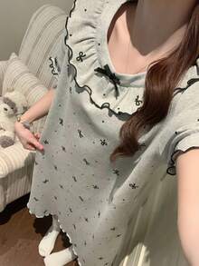 1pc Women's Nightgown, Spring/Summer Pullover Bow Print Fashion Short Sleeve Sleep Dress, Comfortable For Home Wear - Grey - View 8