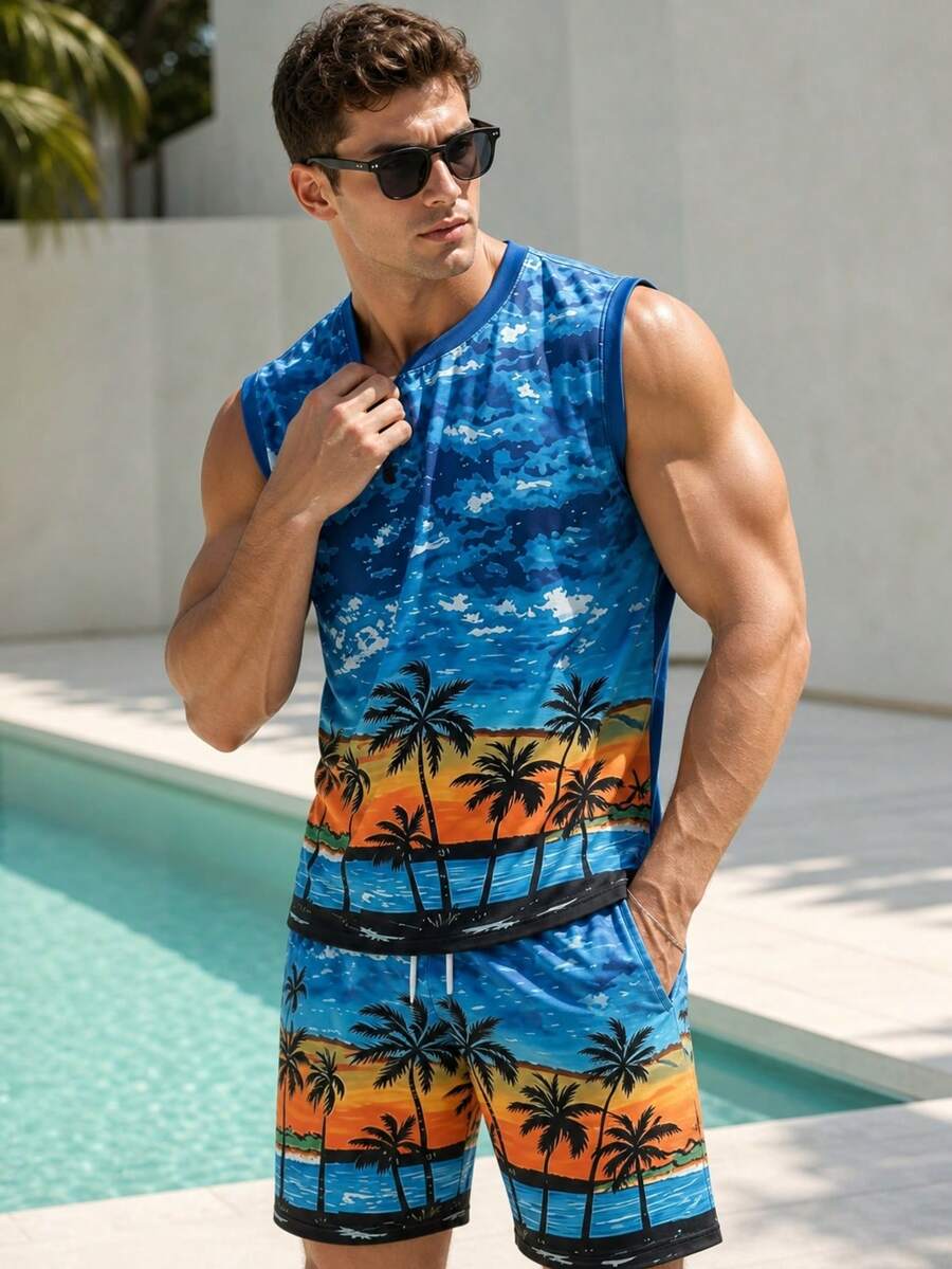 Men's Summer Printed Sleeveless Tank Top And Shorts Set, Suitable For Vacation Style - Multicolor - View 1