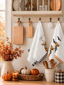 2pcs/4pcs Halloween Kitchen Towels, Highland Cow Mummy Ghost Skeleton Pumpkin Bat Spider Web Print, Plaid Trim Home Decor Hand Towels - Multicolor - View 8