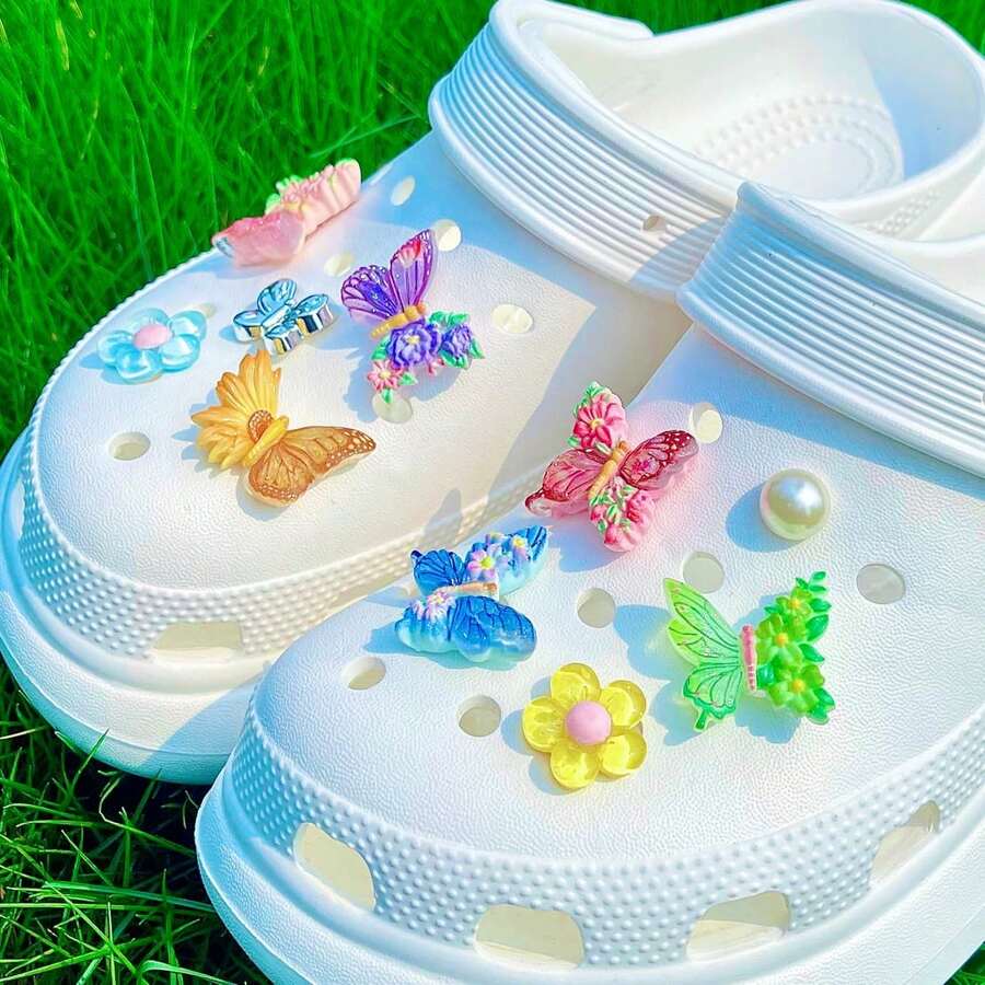 10pcs/Set Bunga & Kupu-kupu 3D dari Resin Dekoratif, Cocok untuk Sandal - Berwarna merah muda - View 1