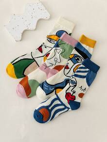 1/4 Pair European & American Women's Portrait Painting Abstract Mid-Calf Cotton Socks, Breathable & Sweat-Absorbent Long Socks - Multicolor - View 12