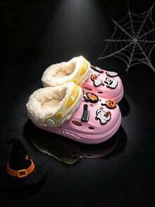 Halloween Cartoon Ghost Pumpkin Charm Fuzzy Lined Clogs For Toddler Kids, Warm Plush Slip On Winter Garden Slippers Non-Slip Thick Sole House Shoes - Pink - View 3