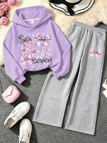 2pcs Hoodie Set, Printed With Number 67 And Bow Pattern, Paired With Simple Casual Wide Leg Pants, Comfortable Autumn/Winter New Outfit - Mauve Purple - View 2