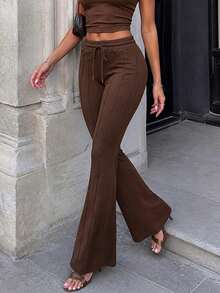 Women's Brown High Waisted Sweatpants Drawstring Flared Wide Leg Bootcut Casual Lounge Wear- - Brown - View 7