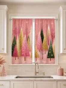 2 piezas de cortinas decorativas con tema navideño, patrón de árbol de Navidad rosa, adecuadas para decoración del hogar, decoración de ventanas, decoración de ambiente navideño para el hogar - Multicolor - Ver 6