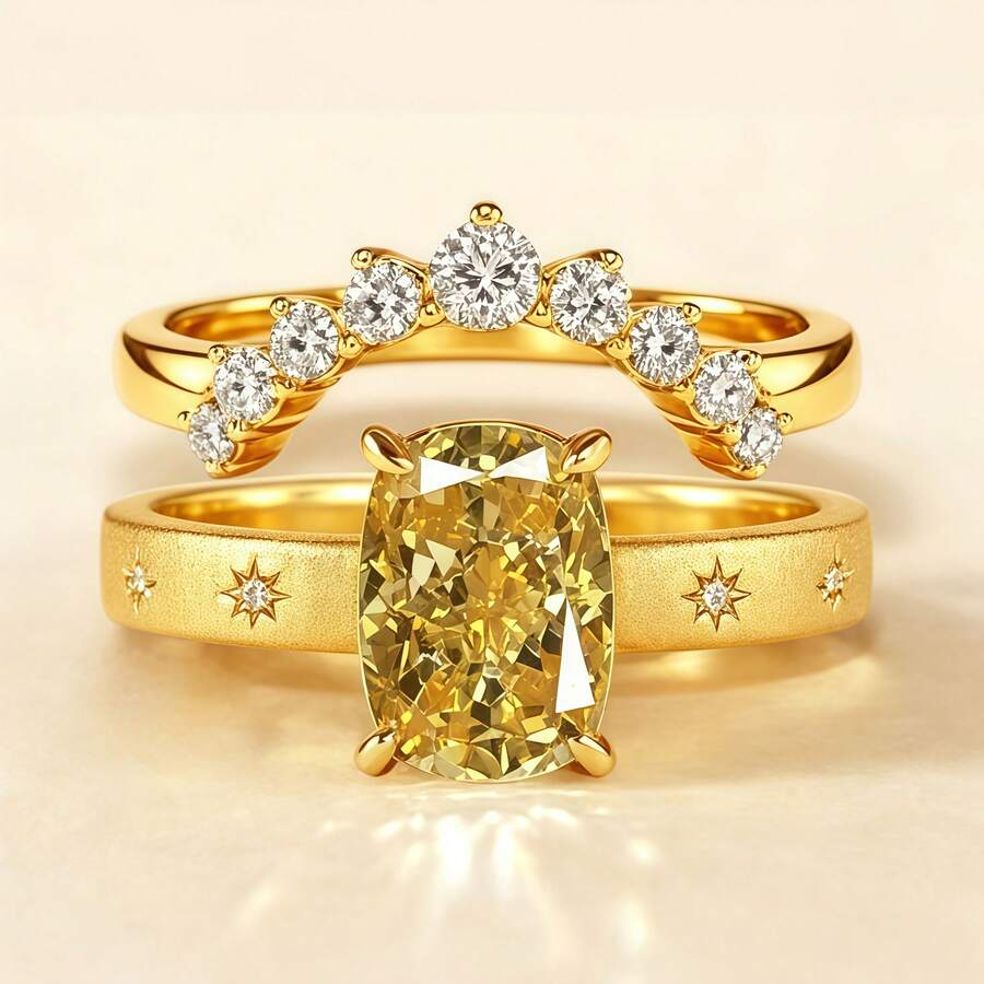 French Vintage Inlaid Ice Flower Cut Yellow Zirconia Brushed 18K Gold Plated Double Layer Stackable Ring For Women - Yellow - View 1