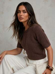 HYJ WEAR Round Neck Short Sleeve Knitted Top, Winter Vintage Casual Style Plaid Texture Cropped Deep Sweater, Simple Daily Outfit, Halloween - Brown - View 3